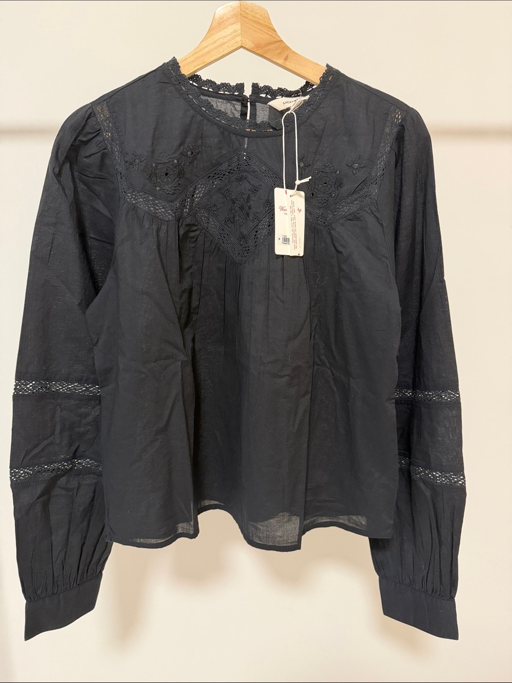New! Lucky Brand Women Black Lace Yoke Long-Sleeve Blouse